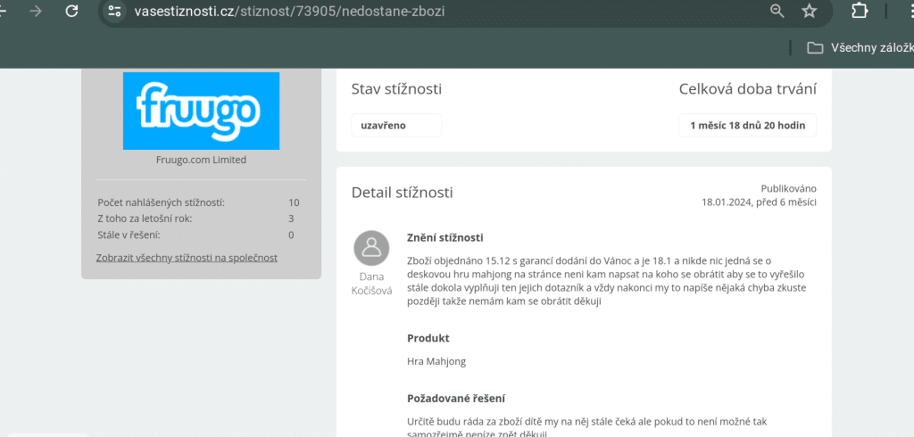 fruugo stížnosti